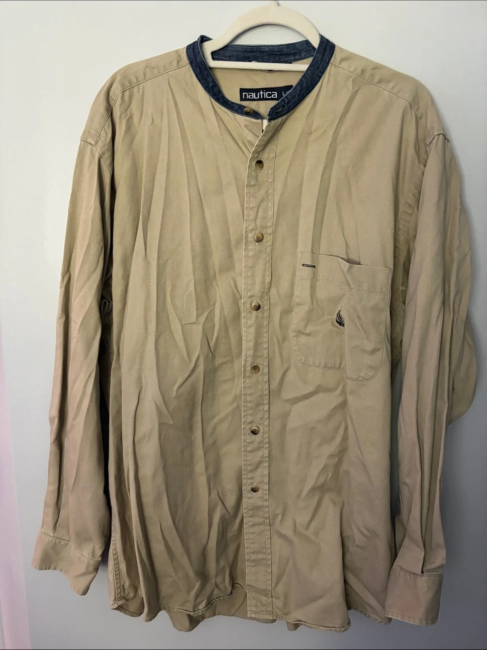 Nautica Men’s Tan Button-Down Shirt with Dark Contrast Collar